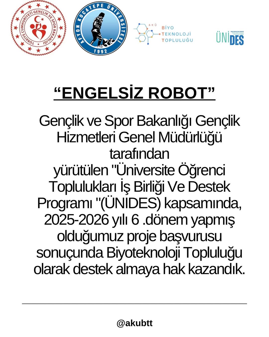 Afyon Kocatepe Üniversitesi Biyoteknoloji Topluluğu Teşekkür Mesajı