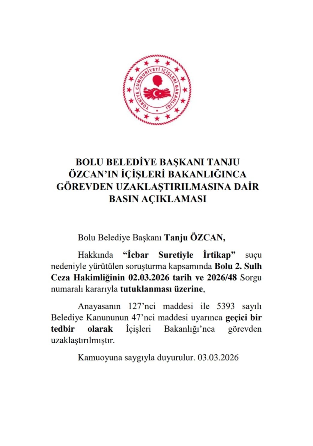 Bolu Belediye Başkanı Görevden Alındı