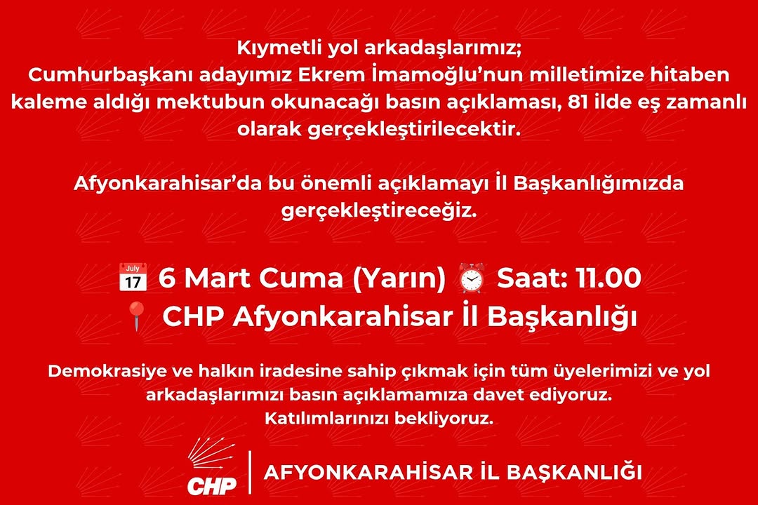 CHP Afyonkarahisar İl Başkanlığı Basın Açıklaması Daveti