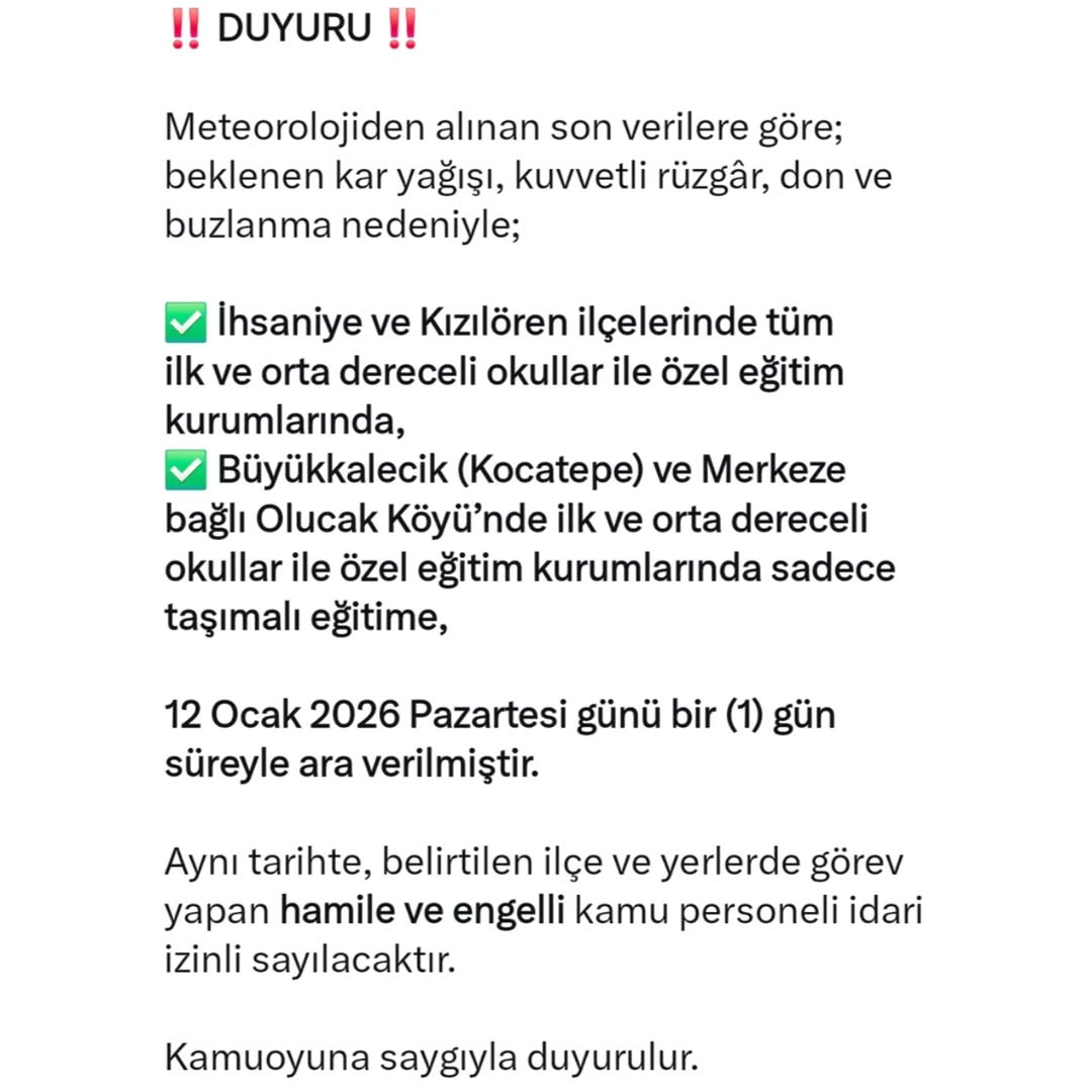Afyonkarahisar Valiliği'nden Kar Yağışı Nedeniyle Okullara ve Kamu Personeline İlişkin Duyuru