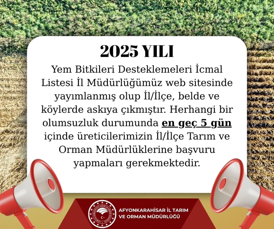 2025 Yılı Yem Bitkileri Desteklemeleri İcmal Listesi Açıklandı