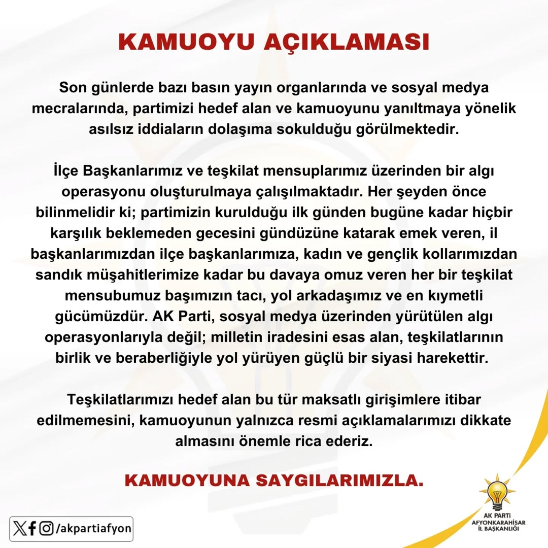 AK Parti Afyonkarahisar İl Başkanlığı'ndan Kamuoyuna Açıklama