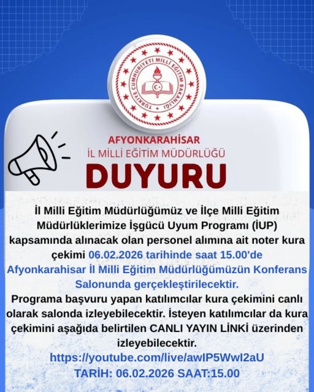 Afyonkarahisar İl Milli Eğitim Müdürlüğü Tarafından Canlı Yayın Adresi Paylaşımı