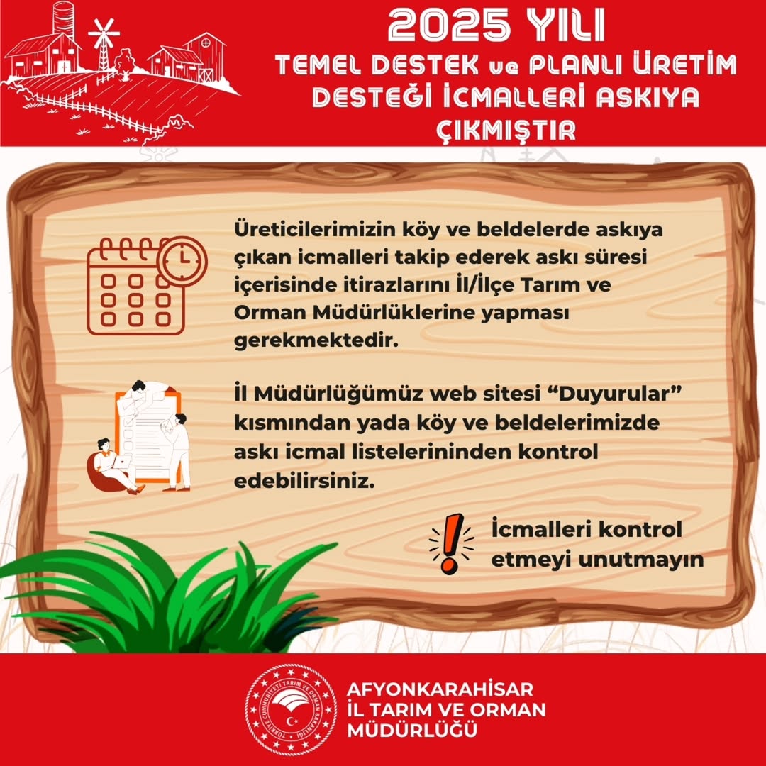2025 Yılı Temel Destek ve Planlı Üretim Desteği İcmalleri Askıya Çıktı