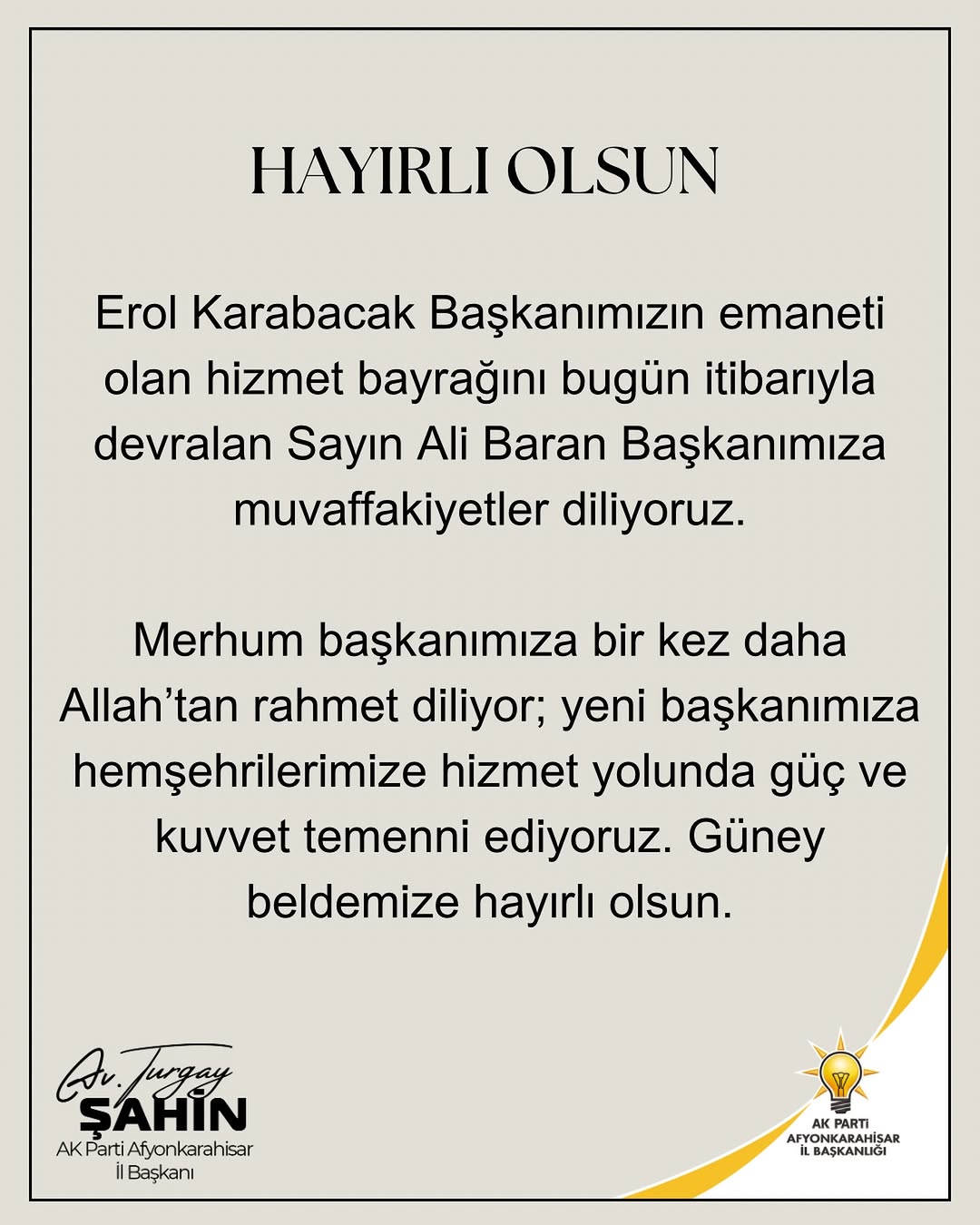 AK Parti Afyonkarahisar İl Başkanlığı'ndan Erol Karabacak ve Ali Baran Değişimi