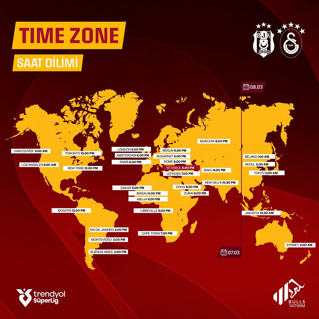 Galatasaray'ın Beşiktaş Maçı İçin Dünya Çapında Taraftarlarına Saat Bilgisi