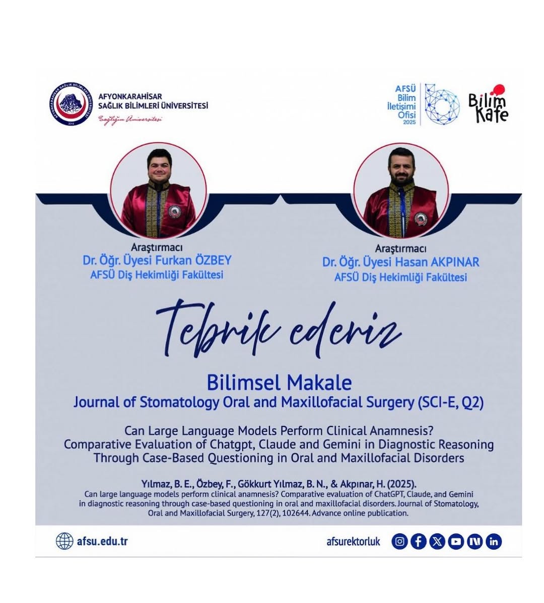 AFSÜ Akademisyenlerinden Yeni Bilimsel Makale: Journal of Stomatology Oral and Maxillofacial Surgery