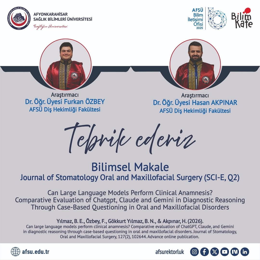 AFSÜ Akademisyenlerinden Yeni Bilimsel Makale: Journal of Stomatology Oral and Maxillofacial Surgery