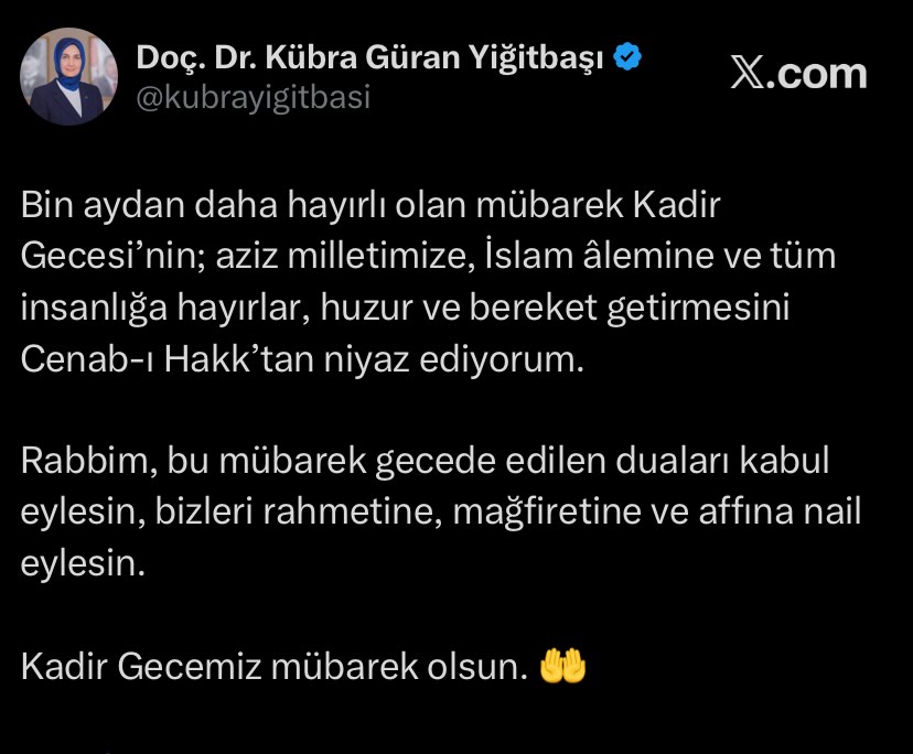 Afyonkarahisar Valisi Doç. Dr. Kübra Güran Yiğitbaşı'nın Kadir Gecesi Mesajı